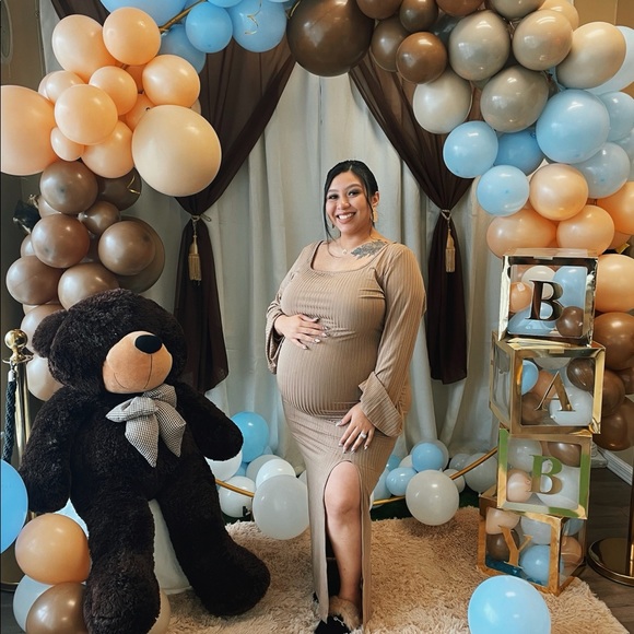 brown baby shower dress Soft Satin Maternity Dresses for Photo Shoots Side Slit Photography D 16W / T154